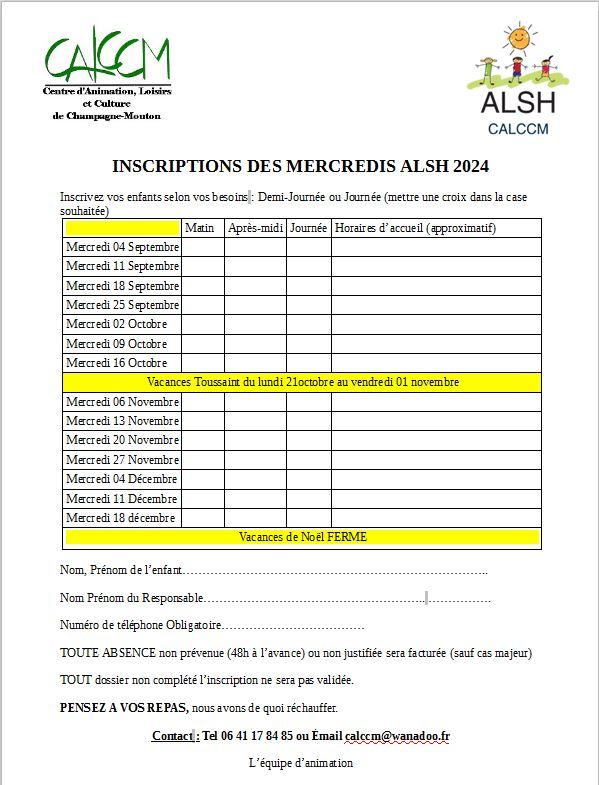 Inscriptions mercredi